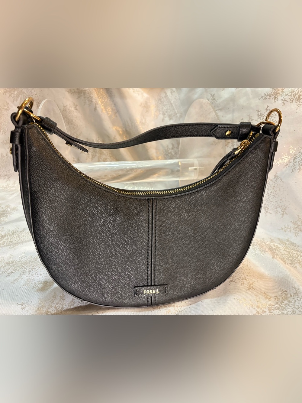 Fossil Black Pebbled Leather Crescent Shoulder Bag with Gold Hardware
